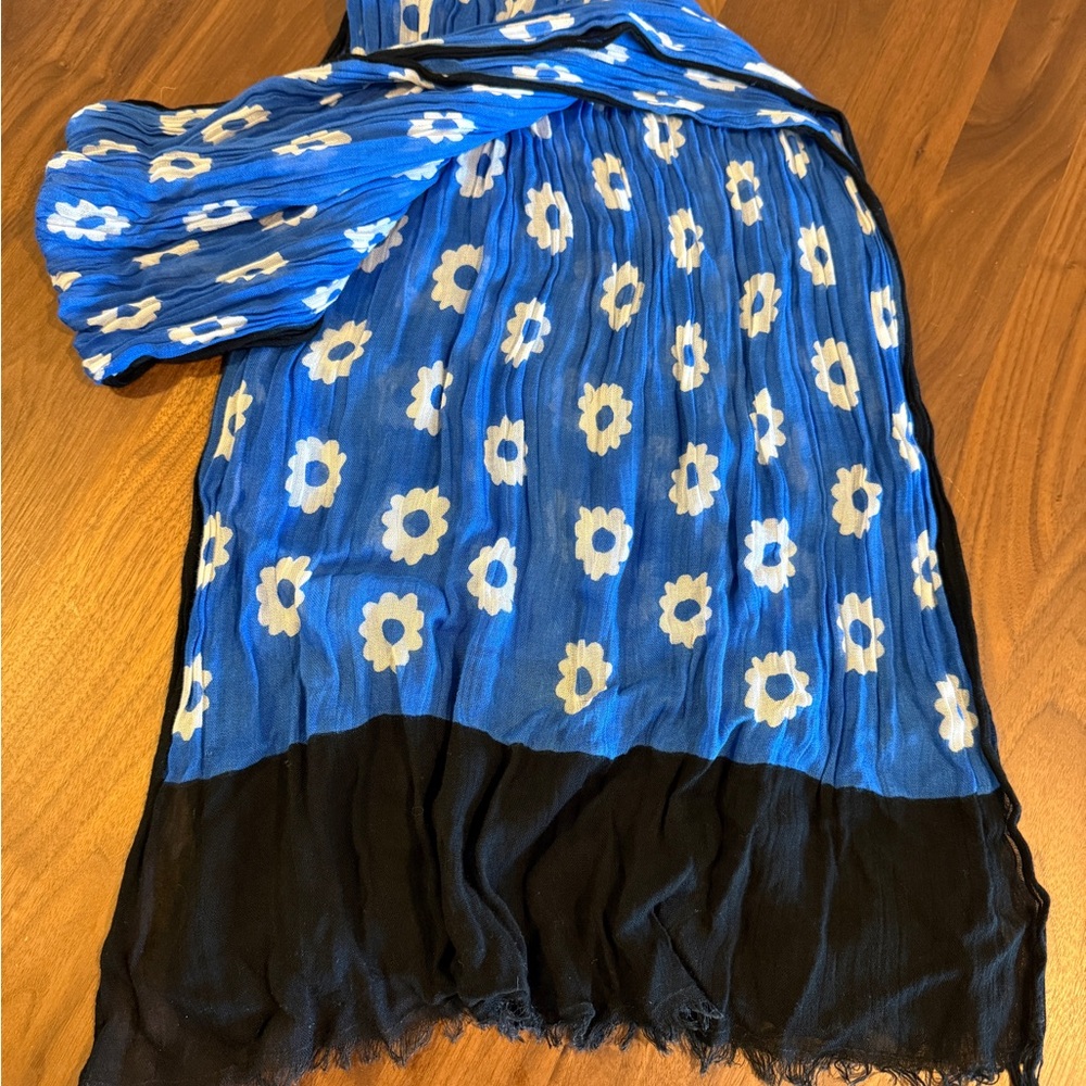 Blue Floral Scarf with Black Border